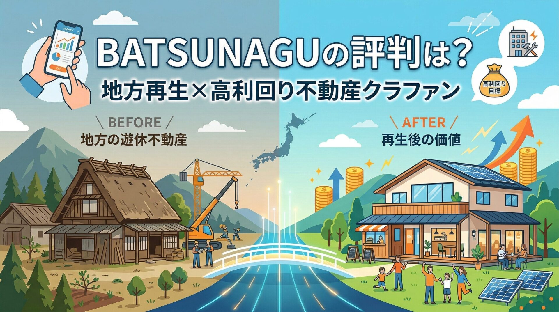 BATSUNAGUの評判と地方再生型不動産クラファンを解説するアイキャッチ画像