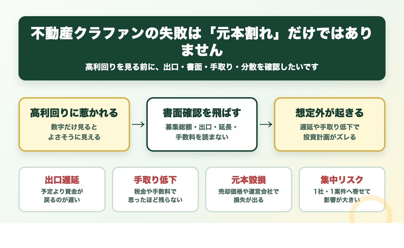 不動産クラファンの失敗例を投資前チェックに変換する図解