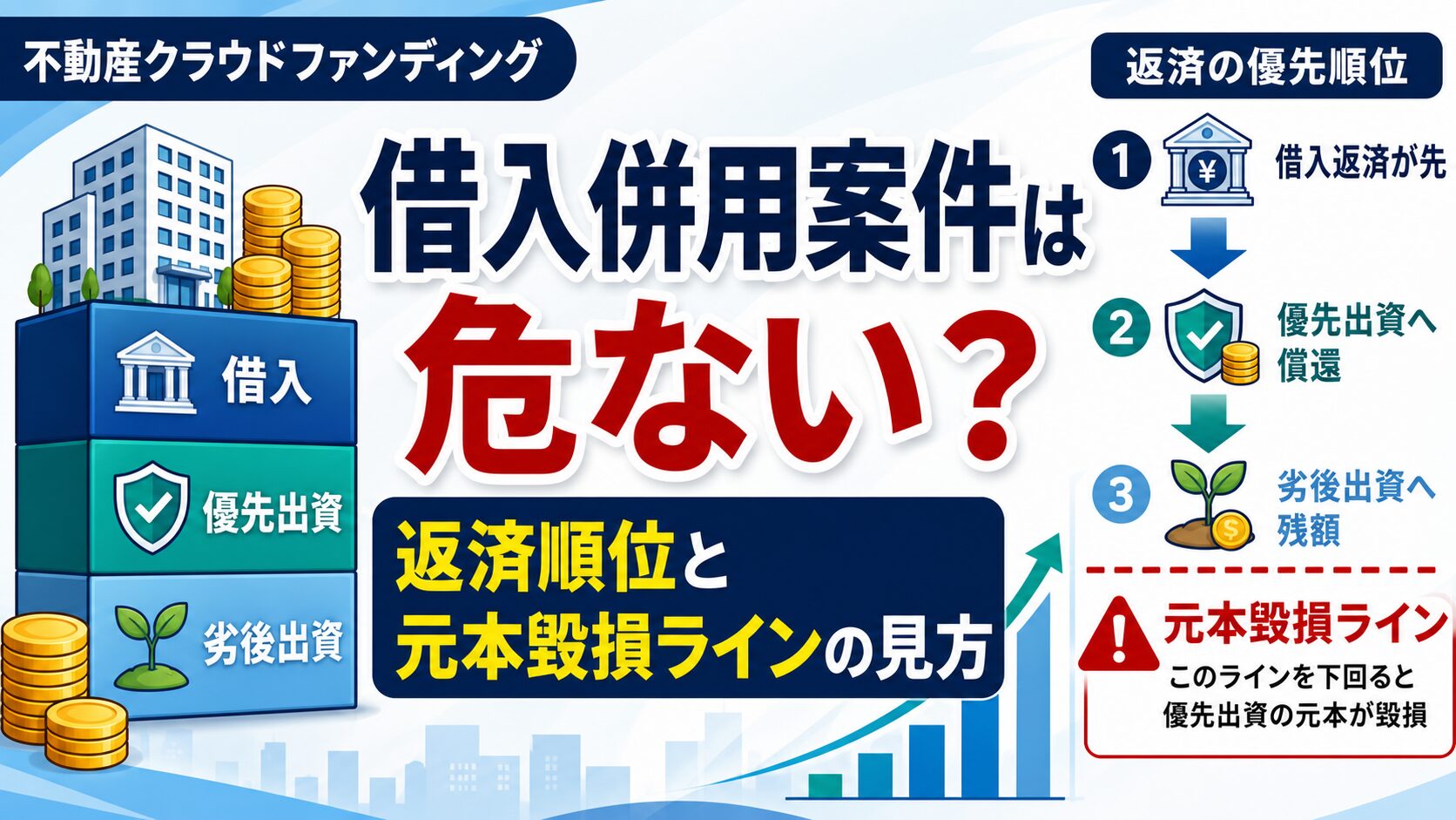 不動産クラウドファンディングの借入併用案件は危ないのか、返済順位と元本毀損ラインの見方を示したアイキャッチ画像