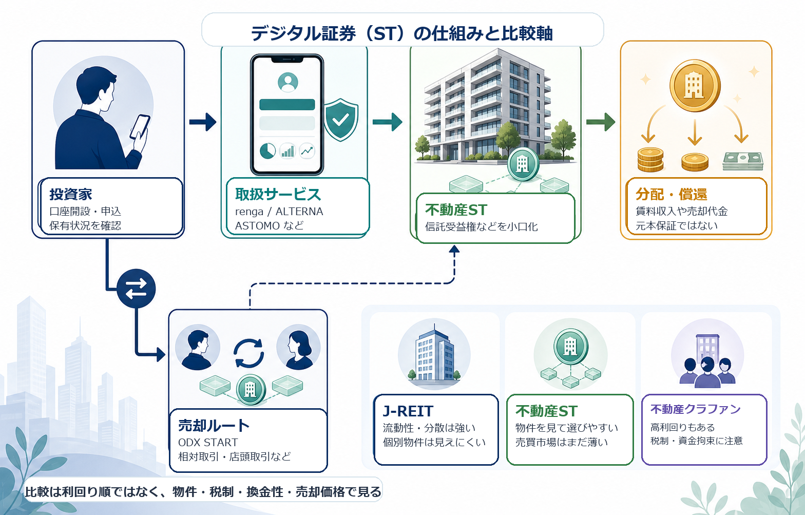 デジタル証券とセキュリティトークンの仕組み、J-REITと不動産クラファンとの比較軸を示した図解