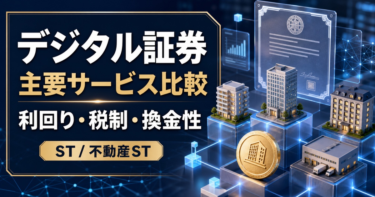 デジタル証券の主要サービス比較、利回り・税制・換金性を示した文字入りサムネイル
