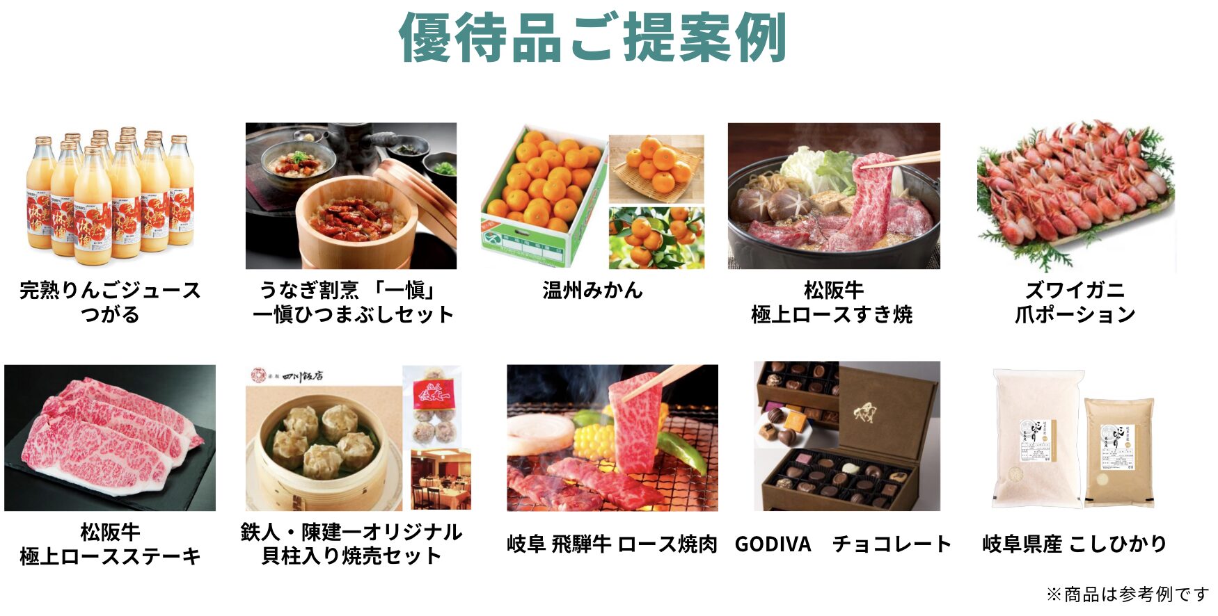 CONDOの優待品ご提案例 完熟りんごジュース うなぎ 松阪牛 温州みかん ズワイガニなど