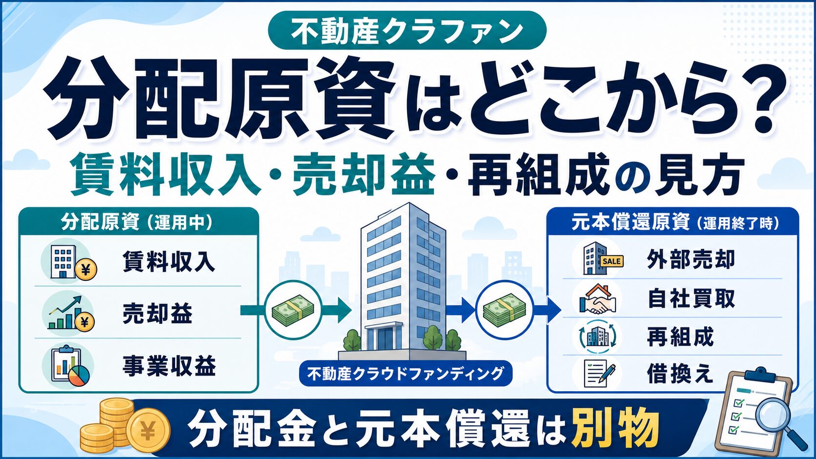 不動産クラウドファンディングの分配原資と元本償還原資の違いを説明するサムネイル