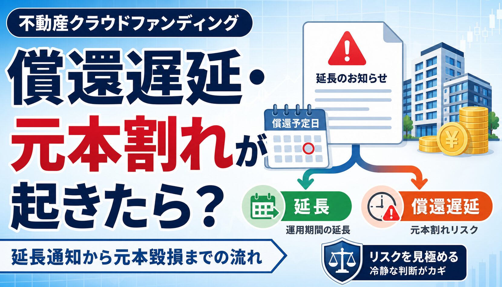 不動産クラウドファンディングで償還遅延や元本割れが起きたときの流れを示すアイキャッチ画像