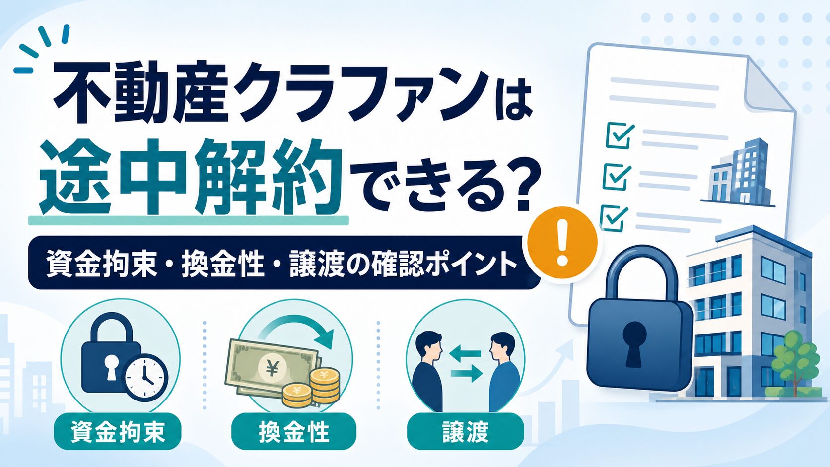 不動産クラウドファンディングは途中解約できるか、資金拘束・換金性・譲渡の確認ポイントを示すアイキャッチ画像