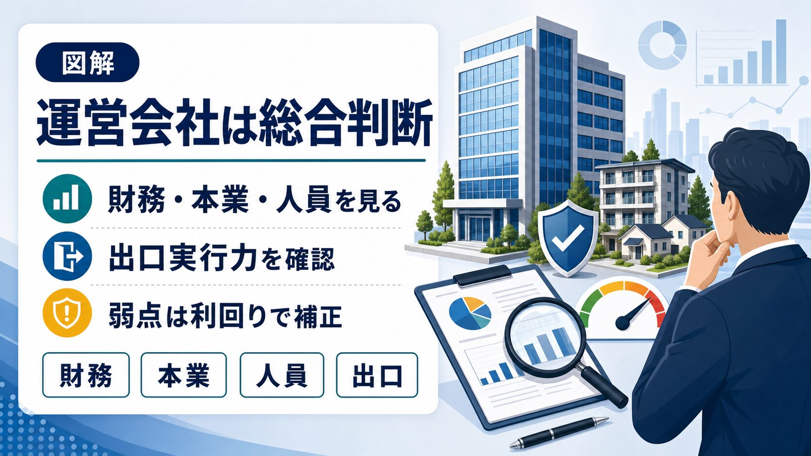 不動産クラウドファンディングの運営会社を財務、本業、人員、出口実行力で総合判断する図解