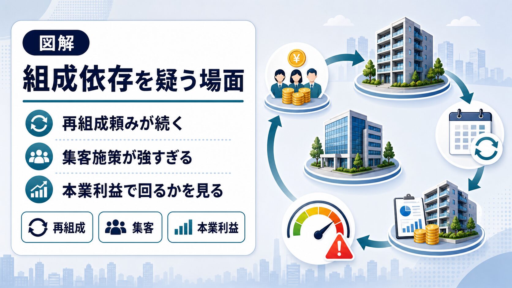 不動産クラウドファンディングのファンド組成依存や再組成依存を確認する図解