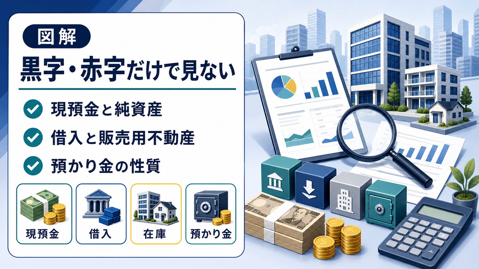 運営会社の財務を現預金、純資産、借入、在庫、預かり金で確認する図解