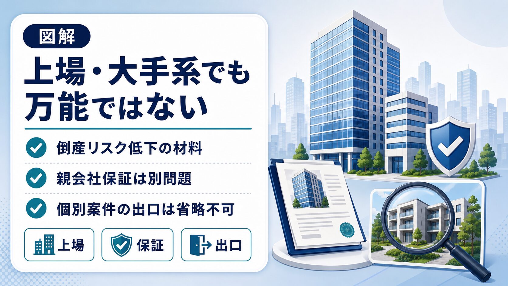 上場企業系や大手グループ系は安心材料だが個別案件の精査は必要なことを示す図解