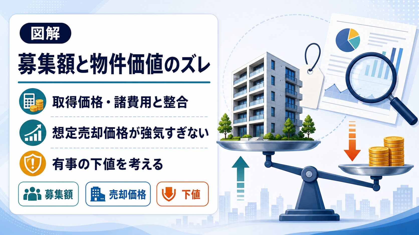 募集金額と物件価値のズレ、想定売却価格、有事の下値を確認する図解