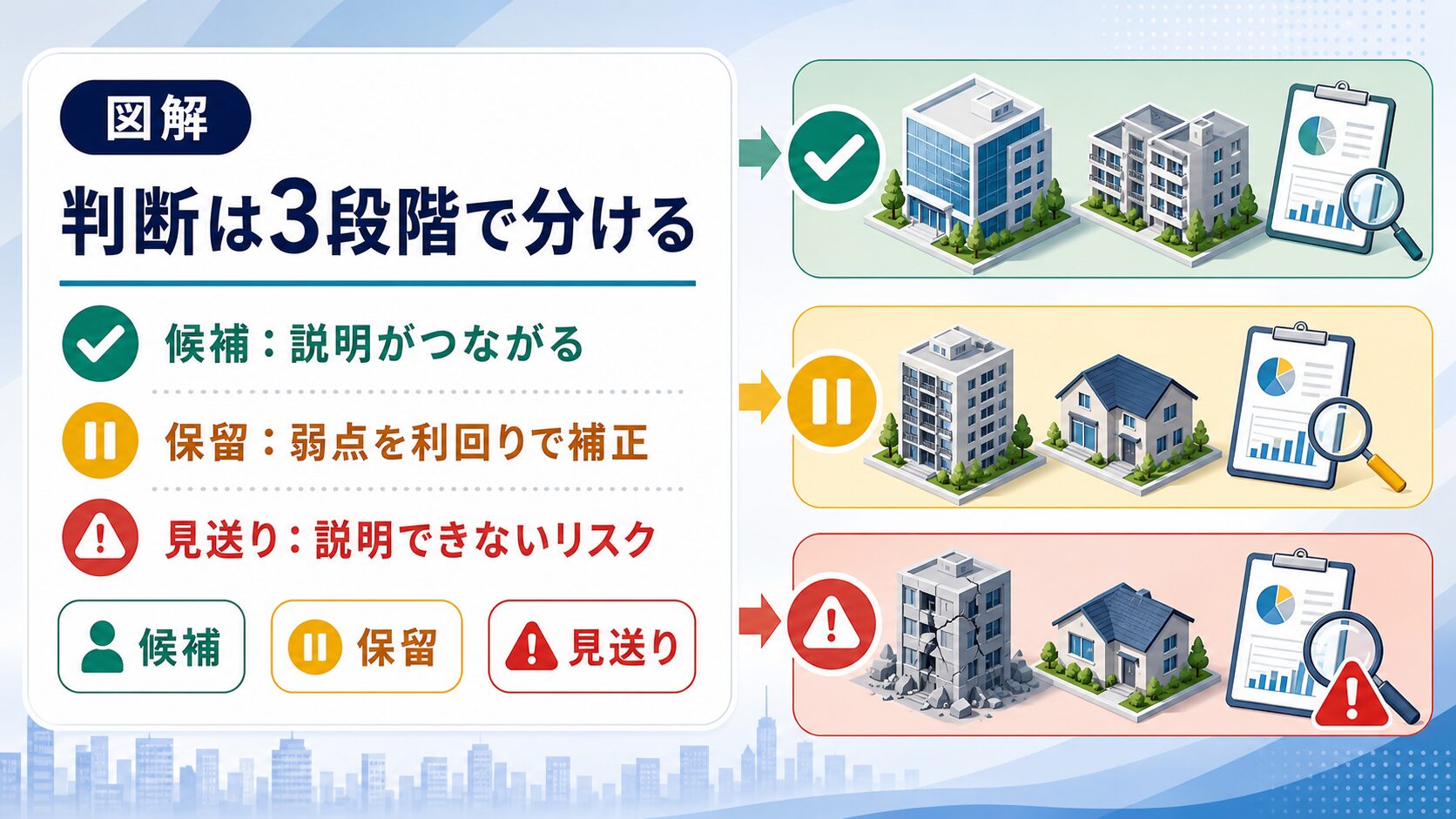 運営会社を候補、保留、見送りの三段階で判断する図解