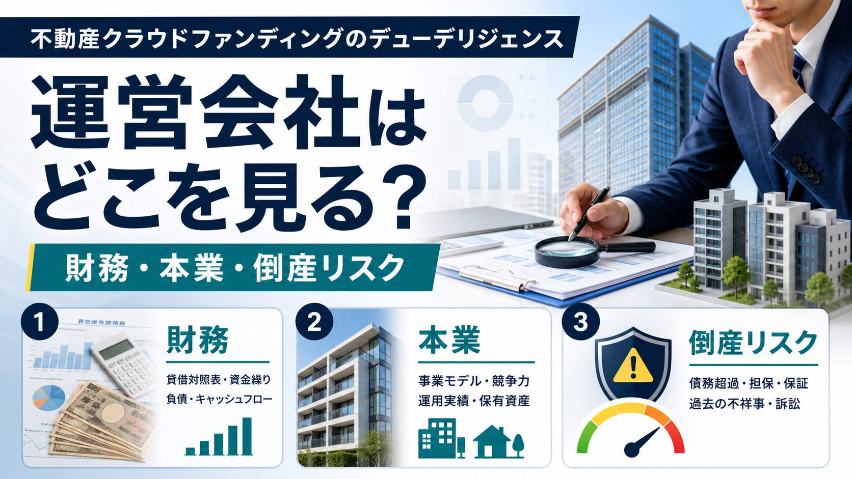 不動産クラウドファンディングの運営会社はどこを見るかを示すアイキャッチ画像