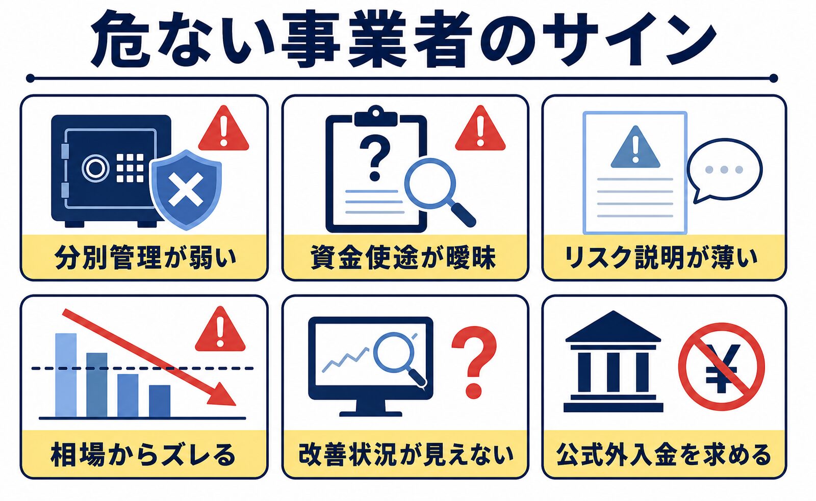 不動産クラウドファンディングで危ない事業者のサインを分別管理、資金使途、リスク説明、相場、改善状況、公式外入金で示した図
