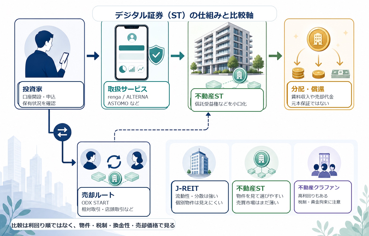 デジタル証券とセキュリティトークンの仕組み、J-REITと不動産クラファンとの比較軸を示した図解