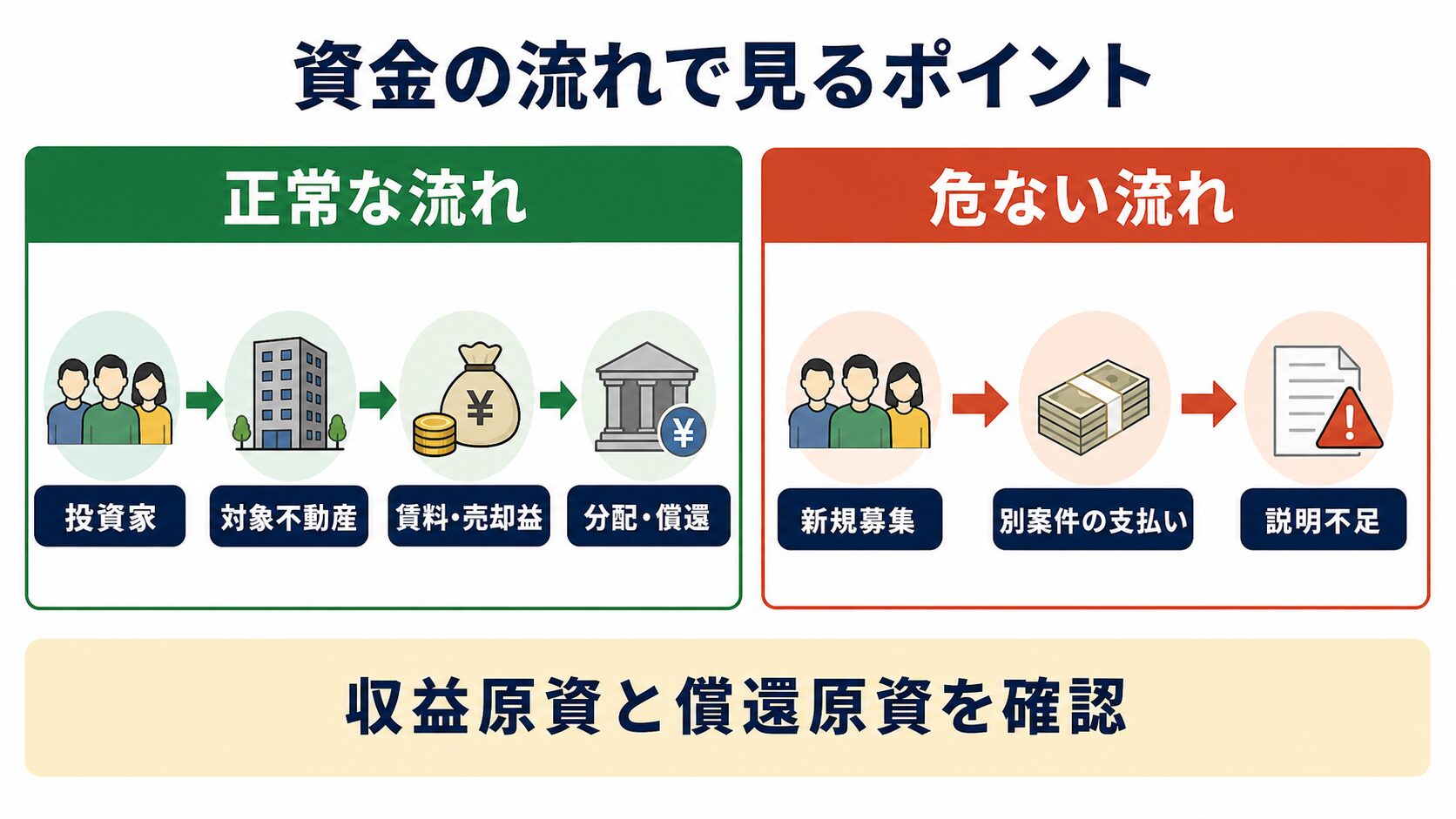 不動産クラウドファンディングで正常な資金の流れとポンジスキームを疑う危ない流れを比較する図説