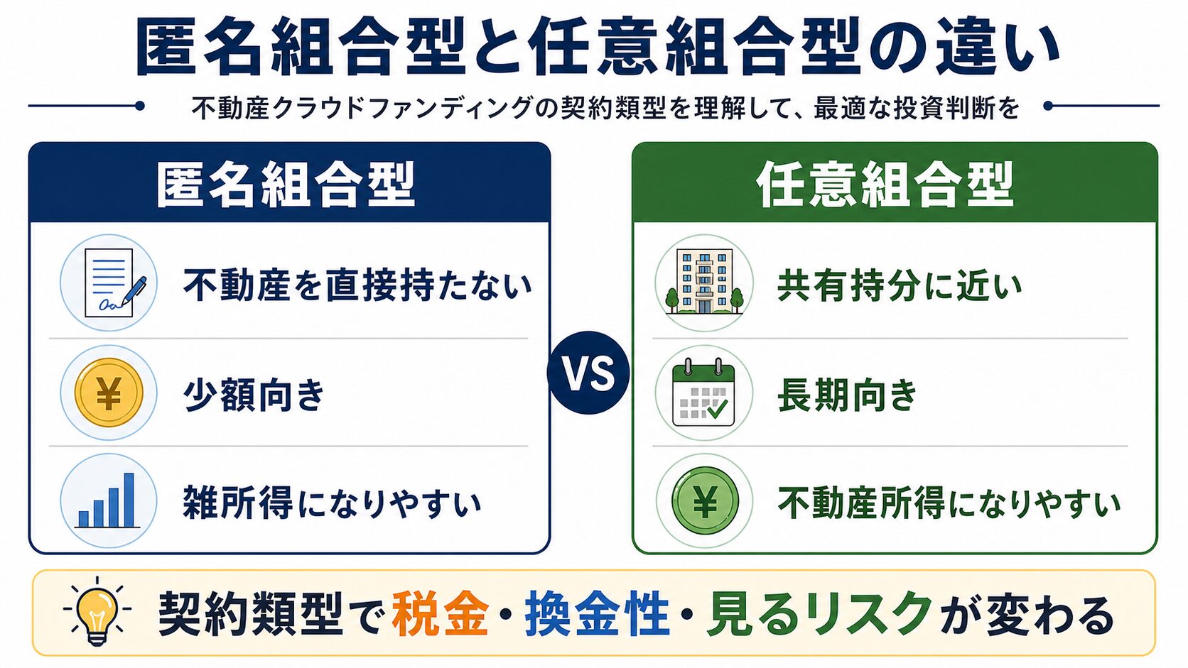 不動産クラウドファンディングの匿名組合型と任意組合型の違いを比較した図解