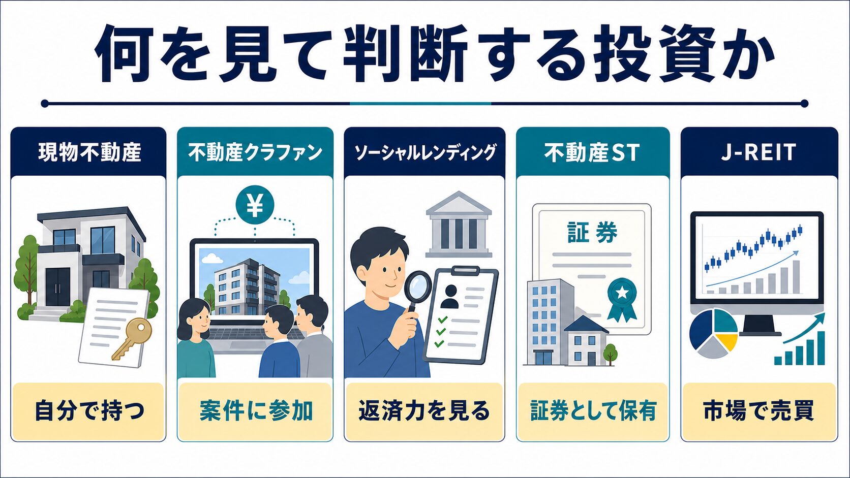 現物不動産、不動産クラウドファンディング、ソーシャルレンディング、不動産ST、J-REITの判断軸を比較した図解