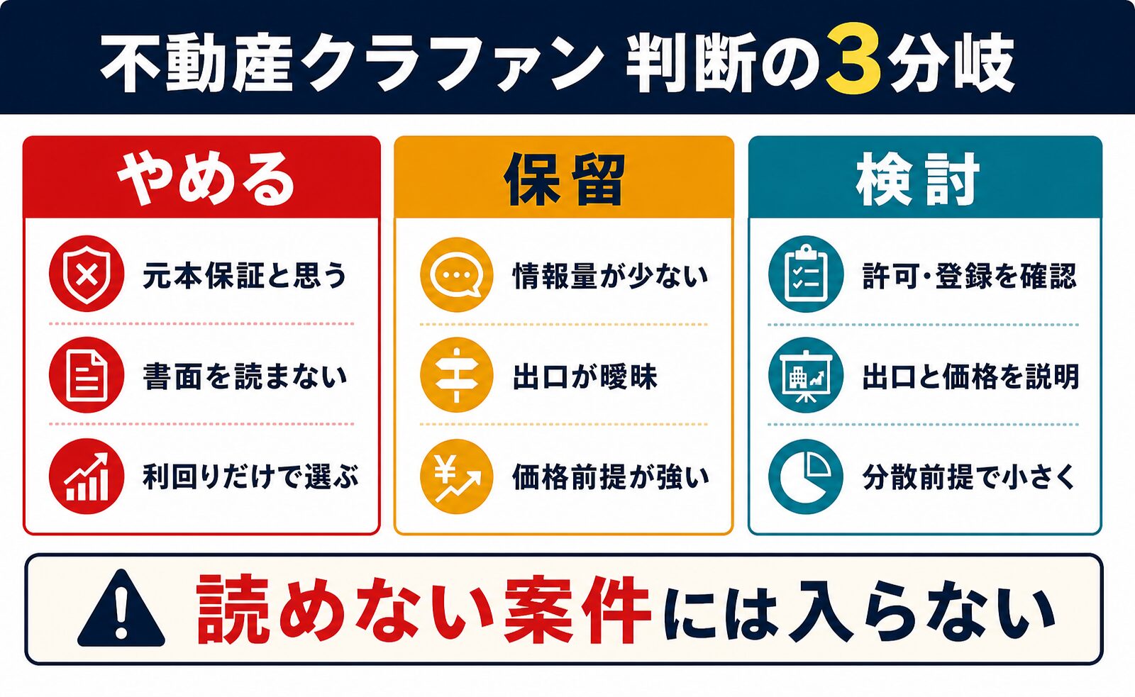 不動産クラウドファンディングでやめる・保留・検討を分ける判断軸を示した図解
