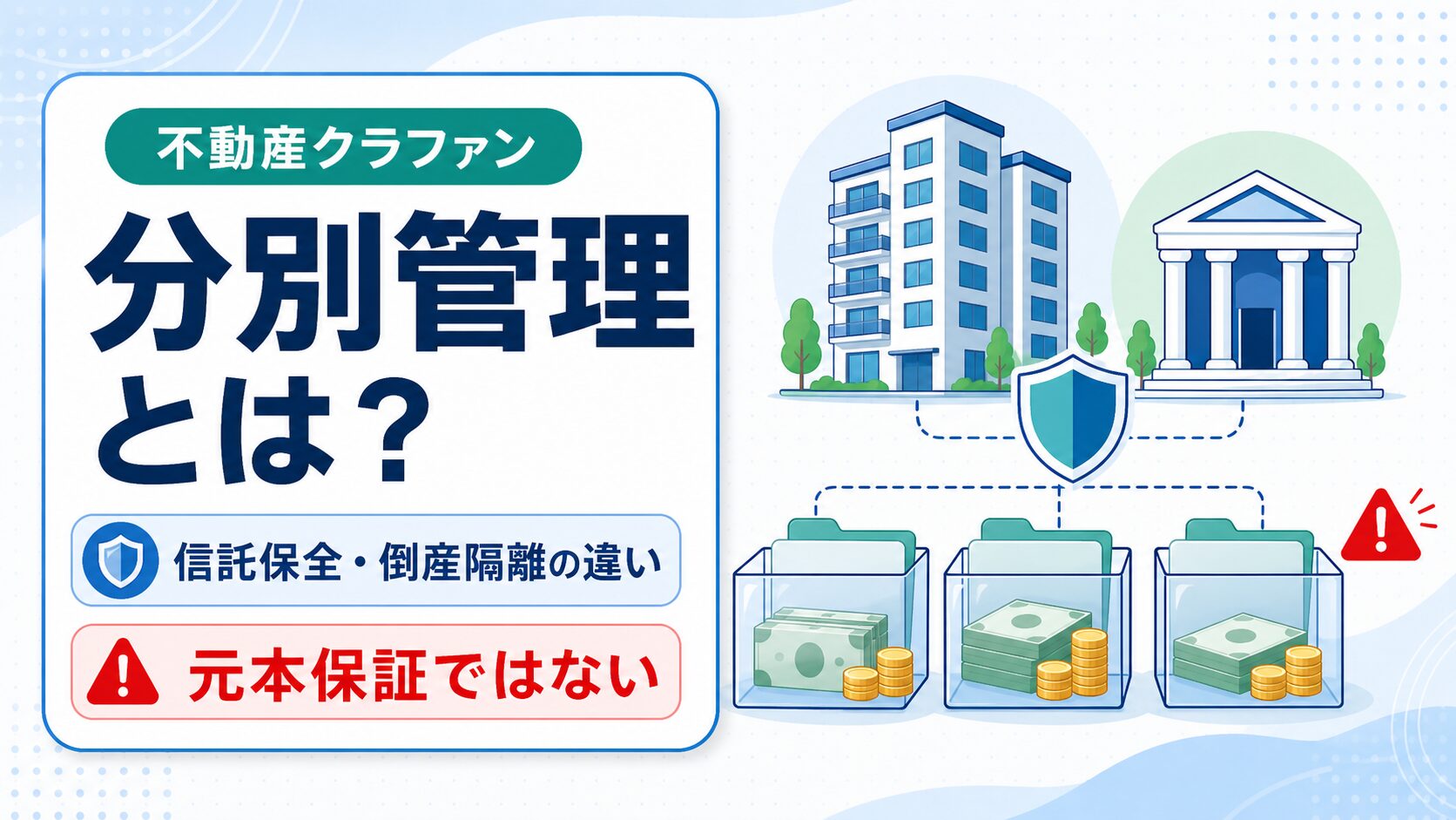 不動産クラウドファンディングの分別管理とは何か、信託保全・倒産隔離との違い、元本保証ではない点を示すサムネイル