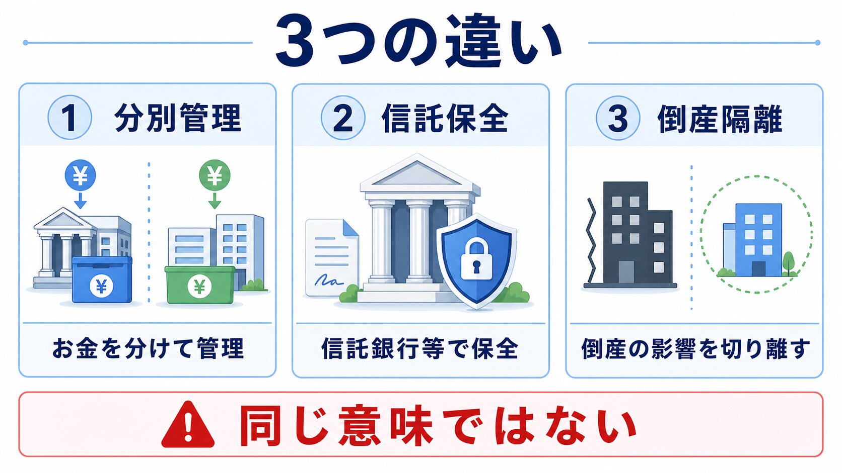 分別管理・信託保全・倒産隔離の違いを示す図解
