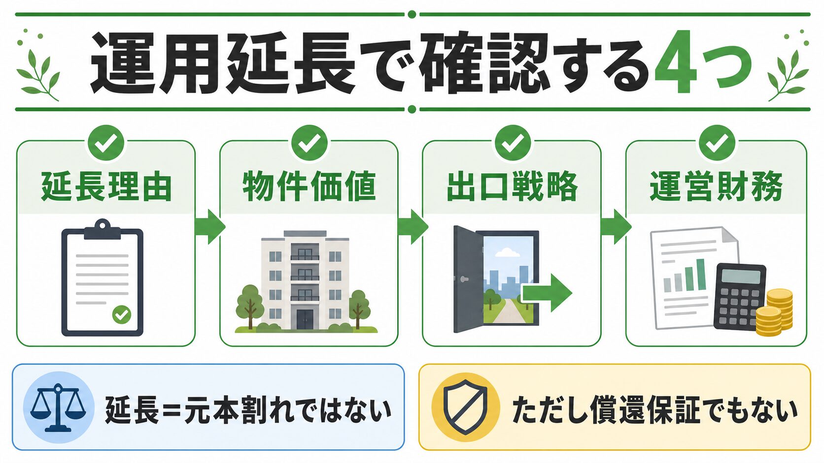 運用延長時に延長理由・物件価値・出口戦略・運営財務を確認する図解