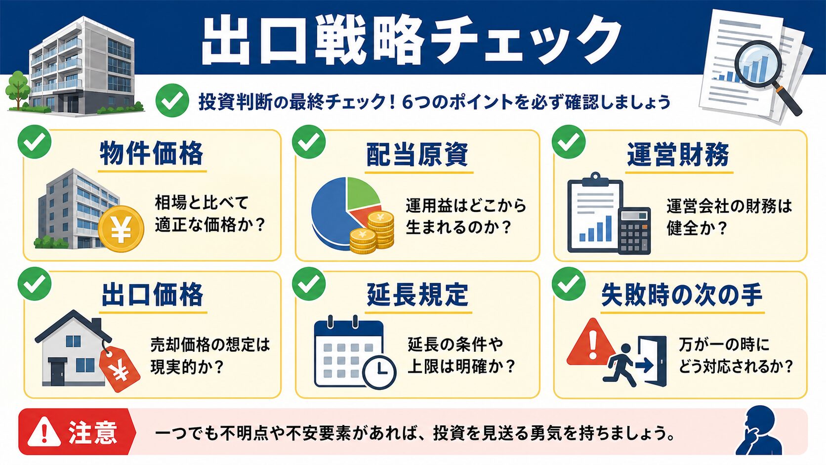 不動産クラウドファンディングの出口戦略で物件価格・配当原資・運営財務・失敗時の次の手を見る図解
