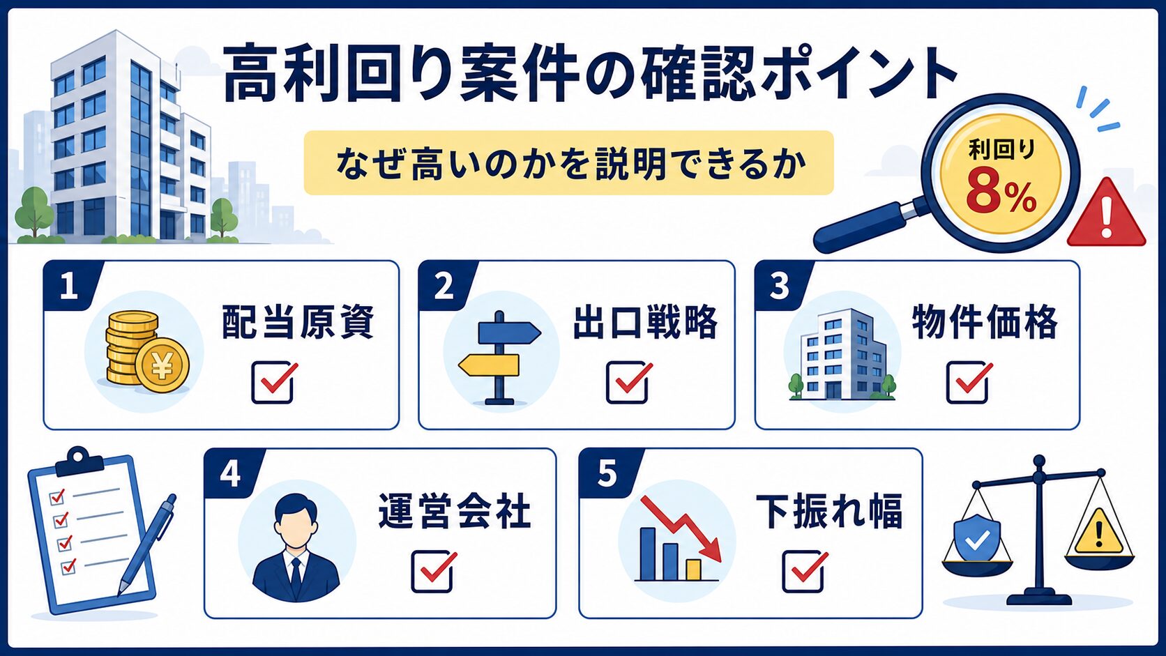 高利回りの不動産クラウドファンディング案件で配当原資・出口戦略・物件価格・運営会社・下振れ幅を見る図解