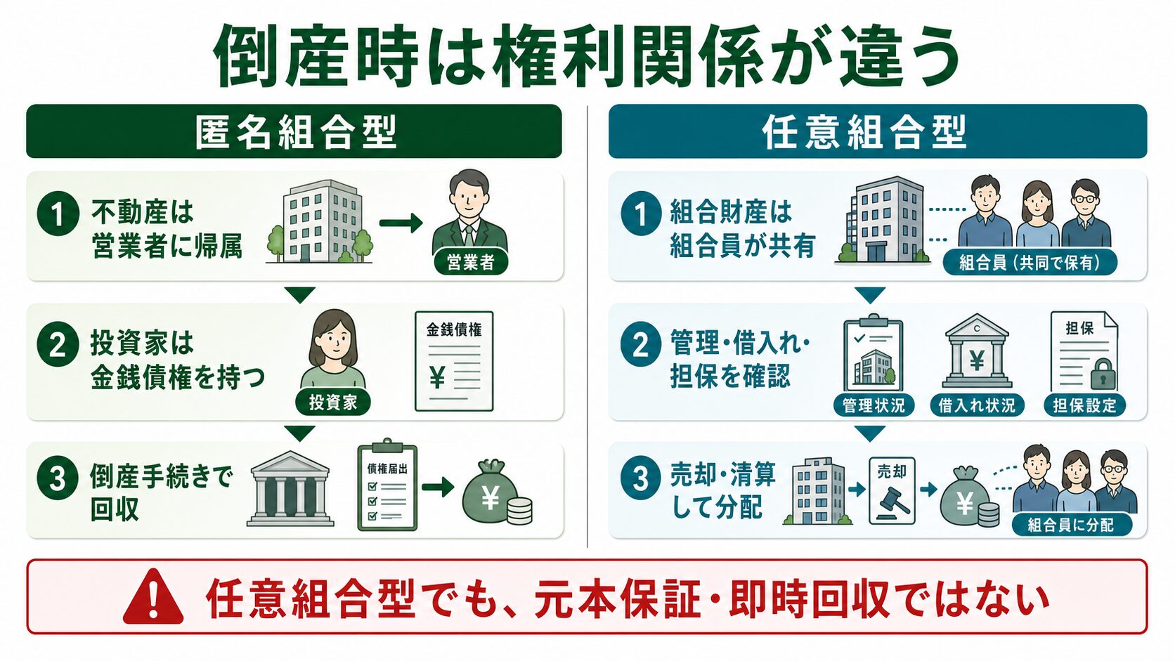 匿名組合型と任意組合型で運営会社が倒産した場合の権利と回収手続きの違い