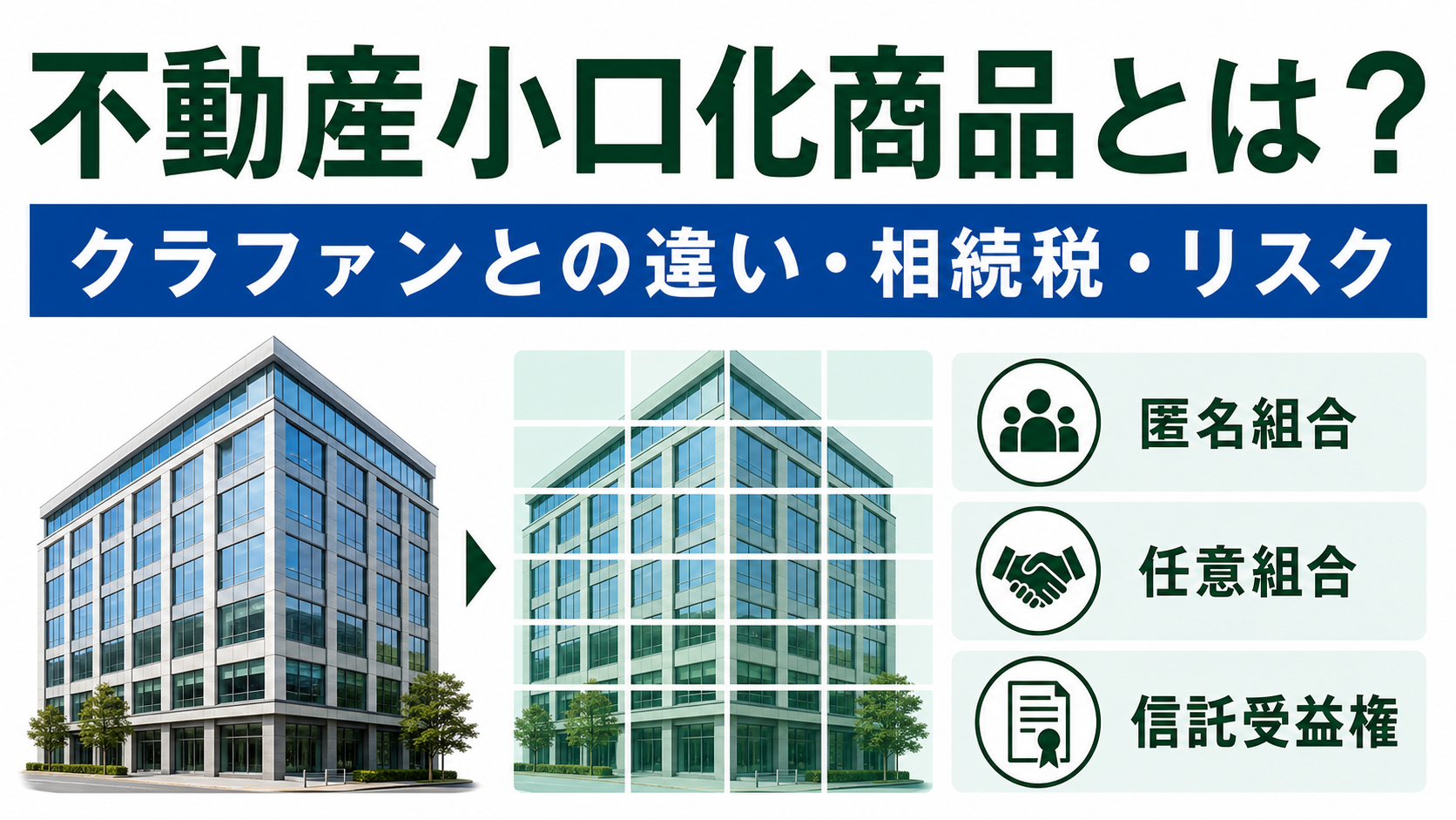 不動産小口化商品とは何かを、クラウドファンディング、匿名組合、任意組合、信託受益権から解説する記事サムネイル