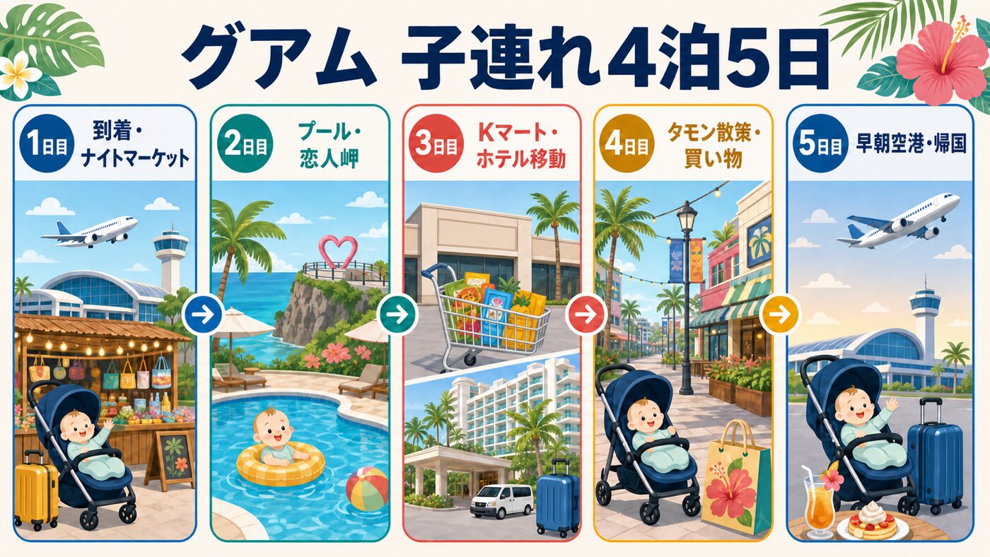 グアム子連れ4泊5日の訪問先を日別に示した旅程図