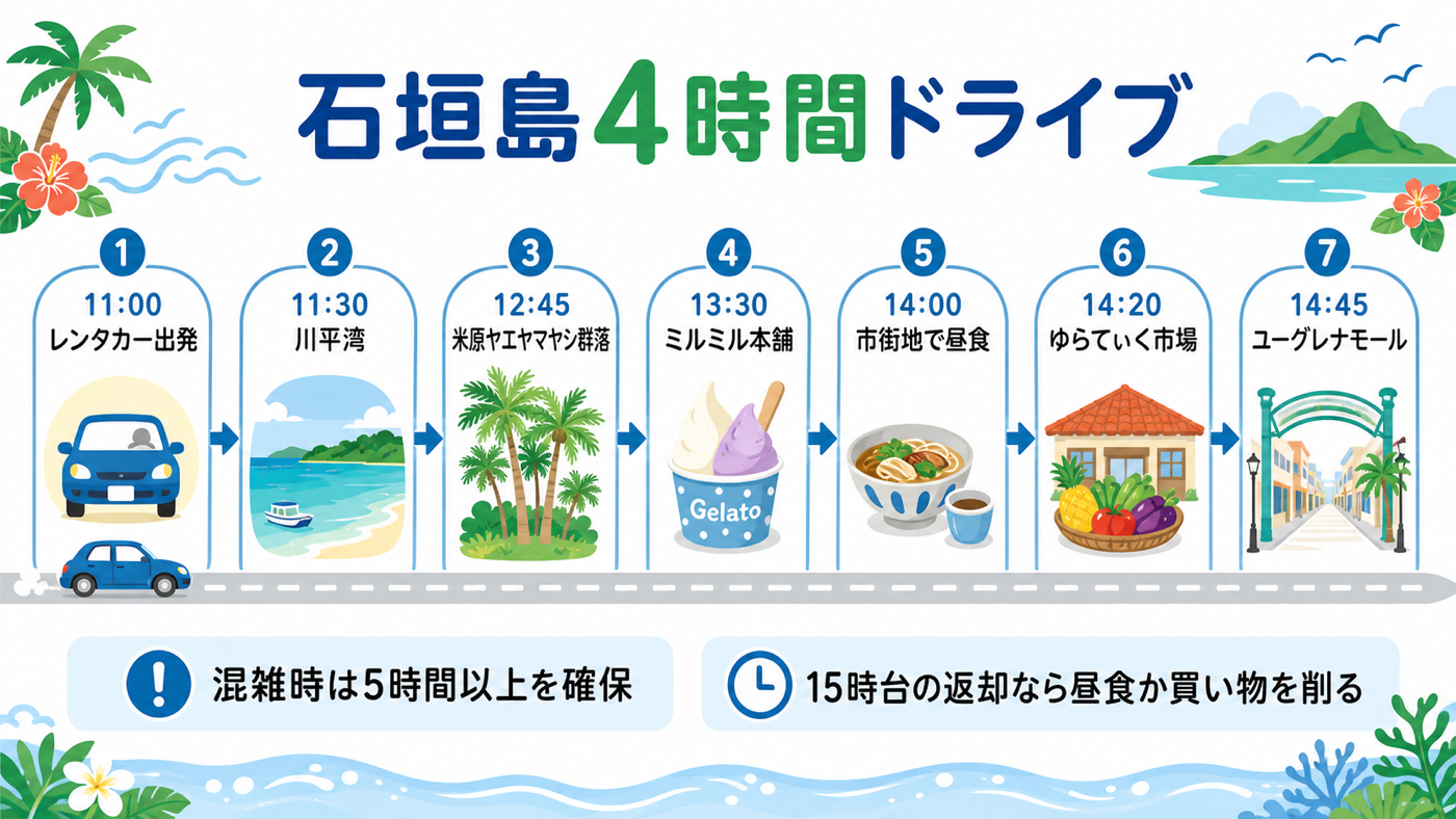 レンタカーで石垣島を4時間巡る川平湾・米原ヤエヤマヤシ群落・ミルミル本舗・市街地の順路図