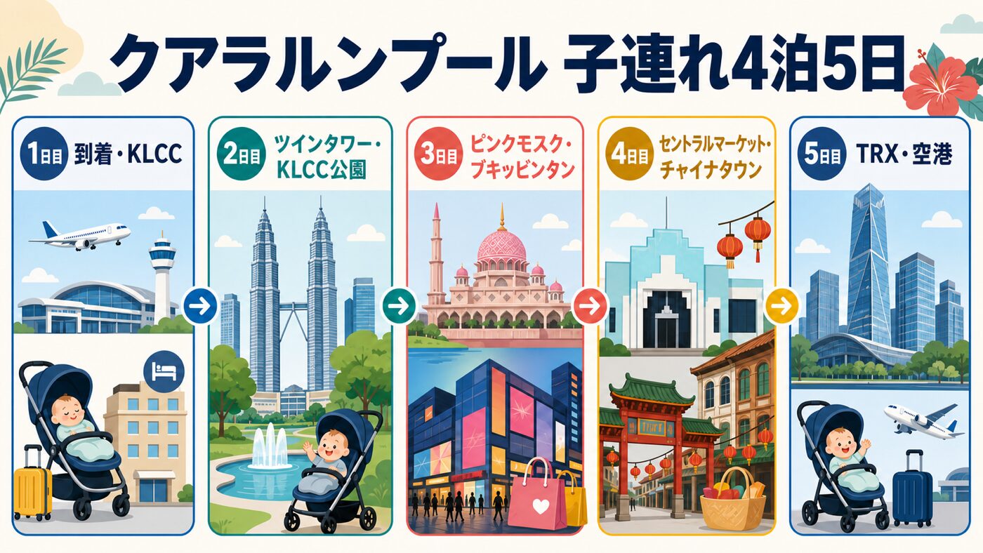 クアラルンプール子連れ4泊5日の訪問先を日別に示した旅程図