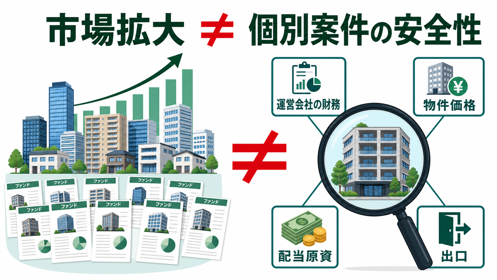 市場規模の拡大と個別案件の安全性を分けて考え、運営財務・物件価格・配当原資・出口を確認する図解
