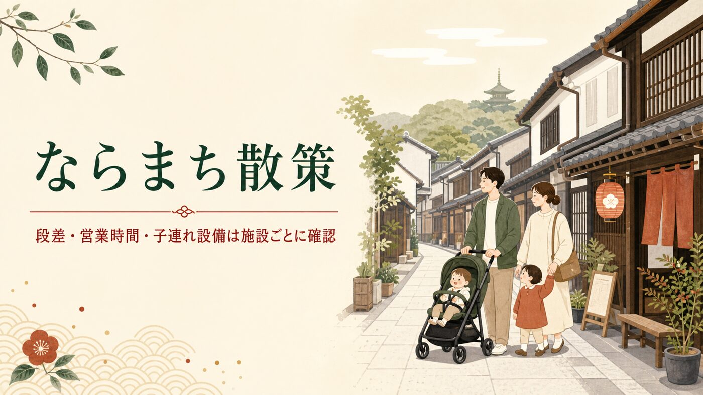 乳幼児連れの家族がならまちの町家通りを散策するイラスト