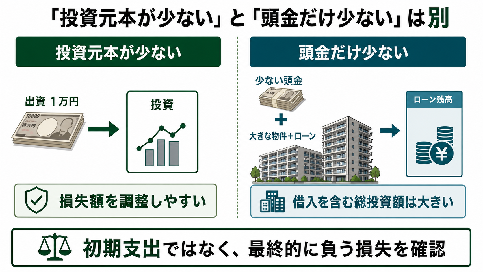 投資元本が少ない商品と頭金だけ少ない現物不動産投資の総投資額の違い