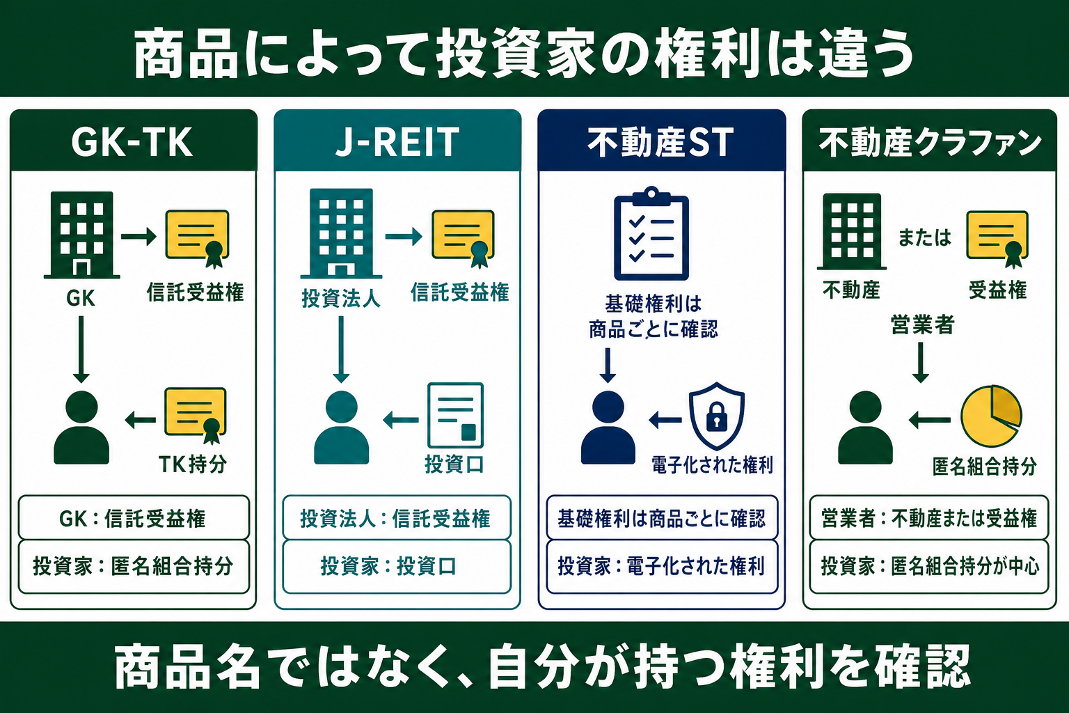 GK-TK・J-REIT・不動産ST・不動産クラファンで投資家が持つ権利の違い