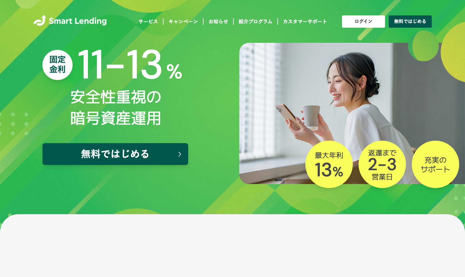 Smart Lending公式サイトの固定金利11〜13%と返還2〜3営業日の表示
