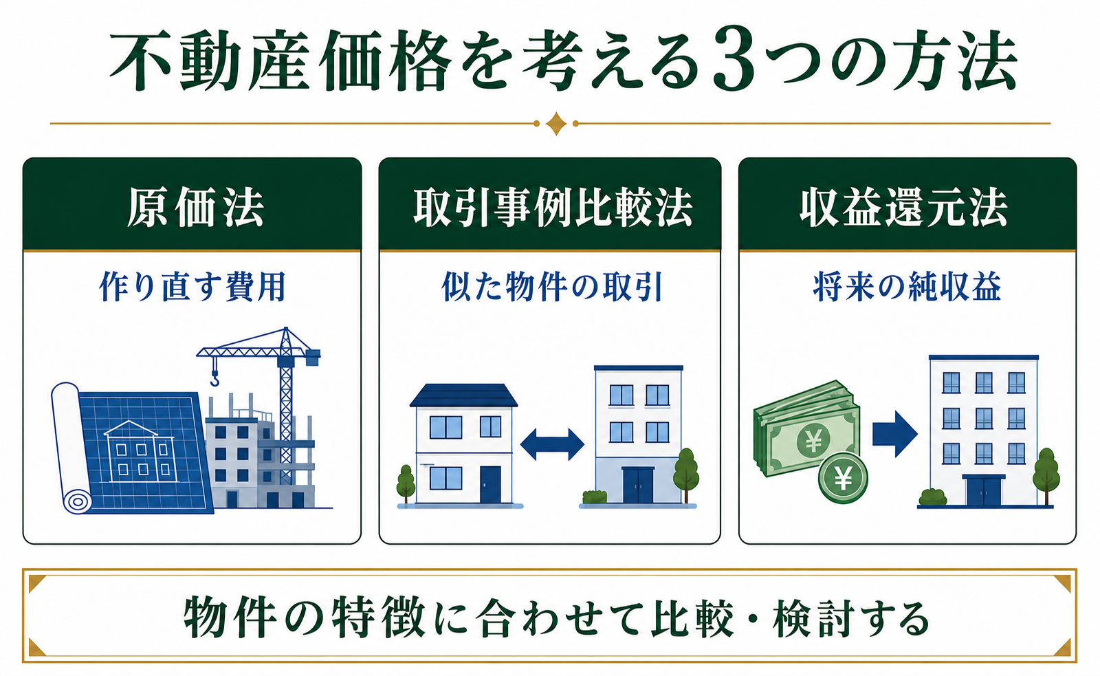 原価法・取引事例比較法・収益還元法の違い