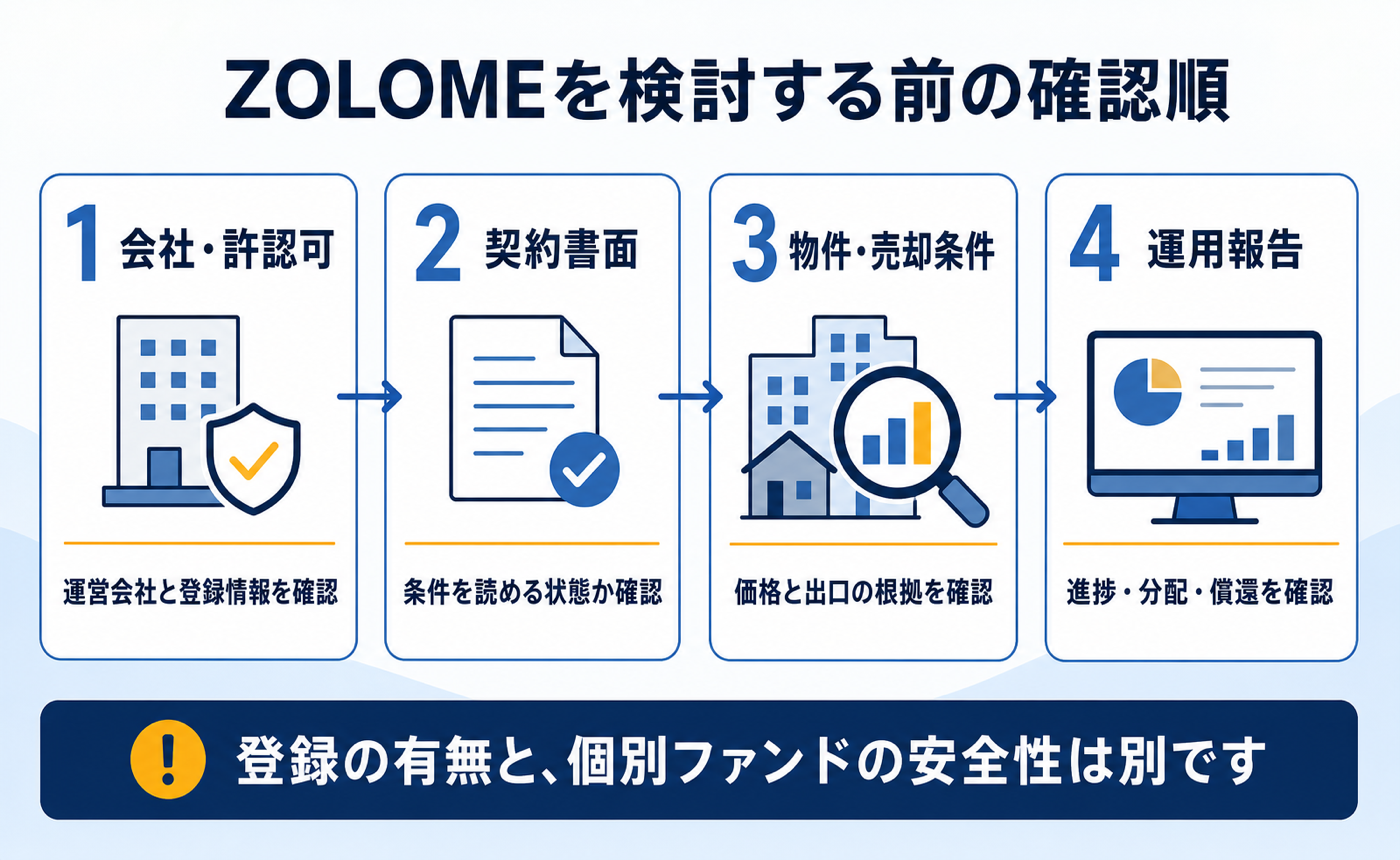 ZOLOMEへの投資前に会社・許認可、契約書面、物件・売却条件、運用報告の順で確認する図