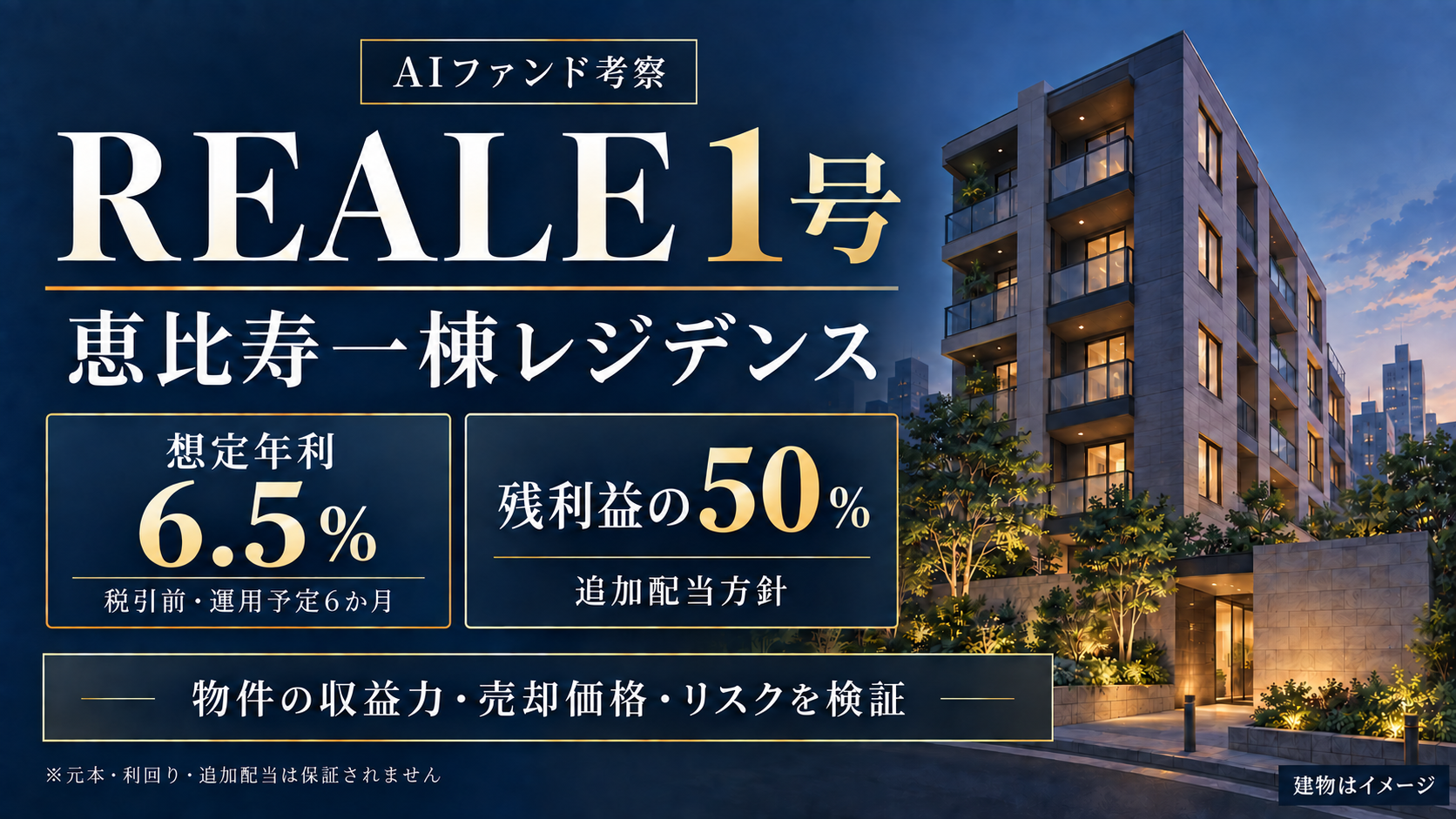 REALE1号・恵比寿一棟レジデンス。想定年利6.5％、運用予定6か月、残利益50％の追加配当方針を検証。建物はイメージ。