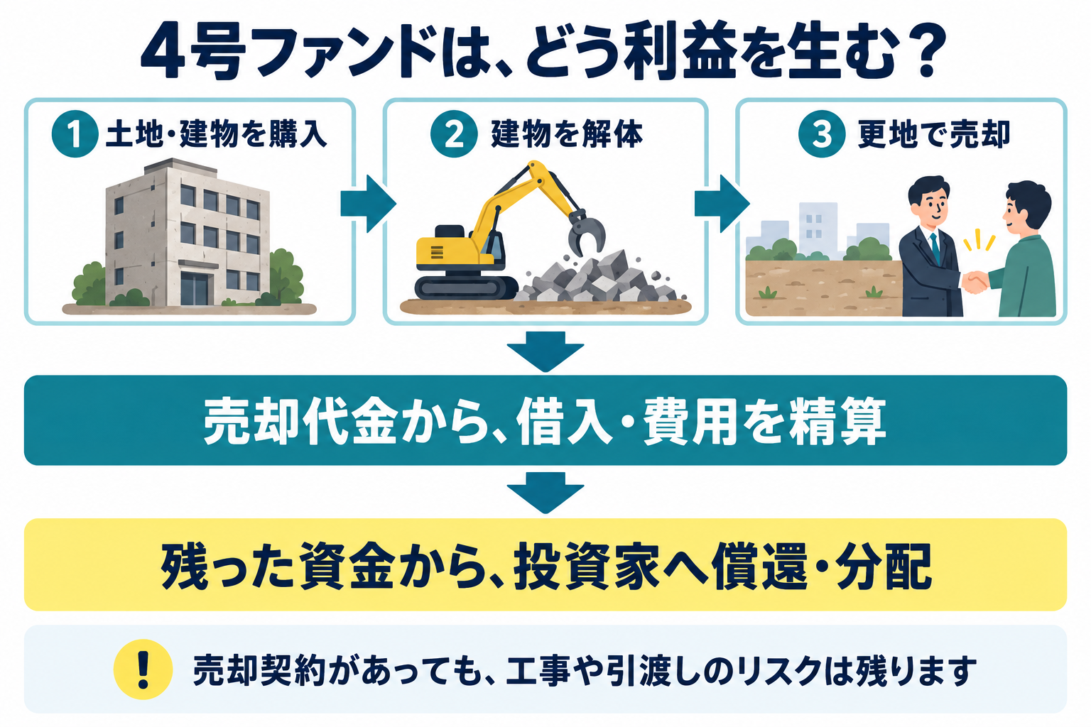 土地建物を取得して解体し、更地で売却して借入と費用を精算する流れ