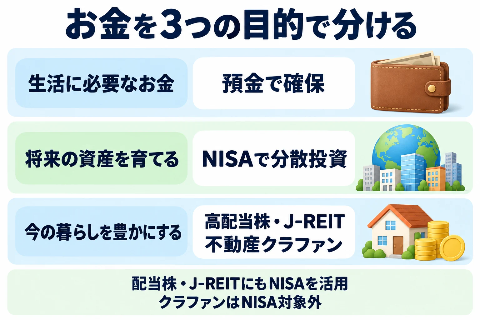 お金を目的別に分ける。生活に必要なお金は預金、将来の資産づくりはNISAで分散投資、今の暮らしを豊かにする配当目的では余剰資金を高配当株・J-REIT・不動産クラファンに分散。配当株やJ-REITにもNISAを活用でき、クラファンはNISA対象外。