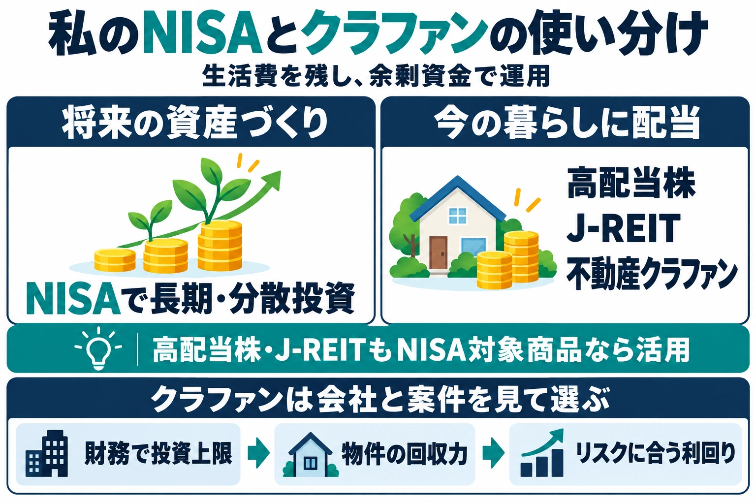 筆者のNISAとクラファンの使い分け。生活費を残した余剰資金で、将来はNISAの長期分散投資、今の配当は高配当株・J-REIT・クラファンを組み合わせる。高配当株やJ-REITもNISA対象商品なら活用。クラファンは財務、物件の回収力、利回りで選ぶ。