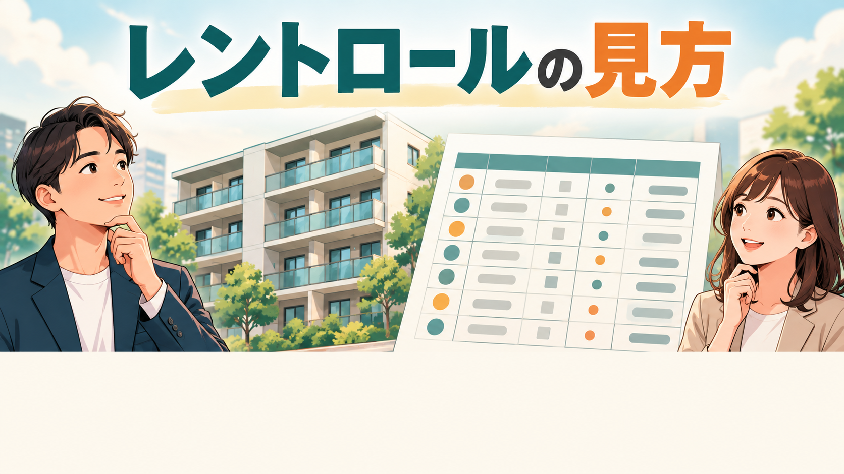 レントロールの見方。賃貸住宅と家賃一覧表を示すイラスト