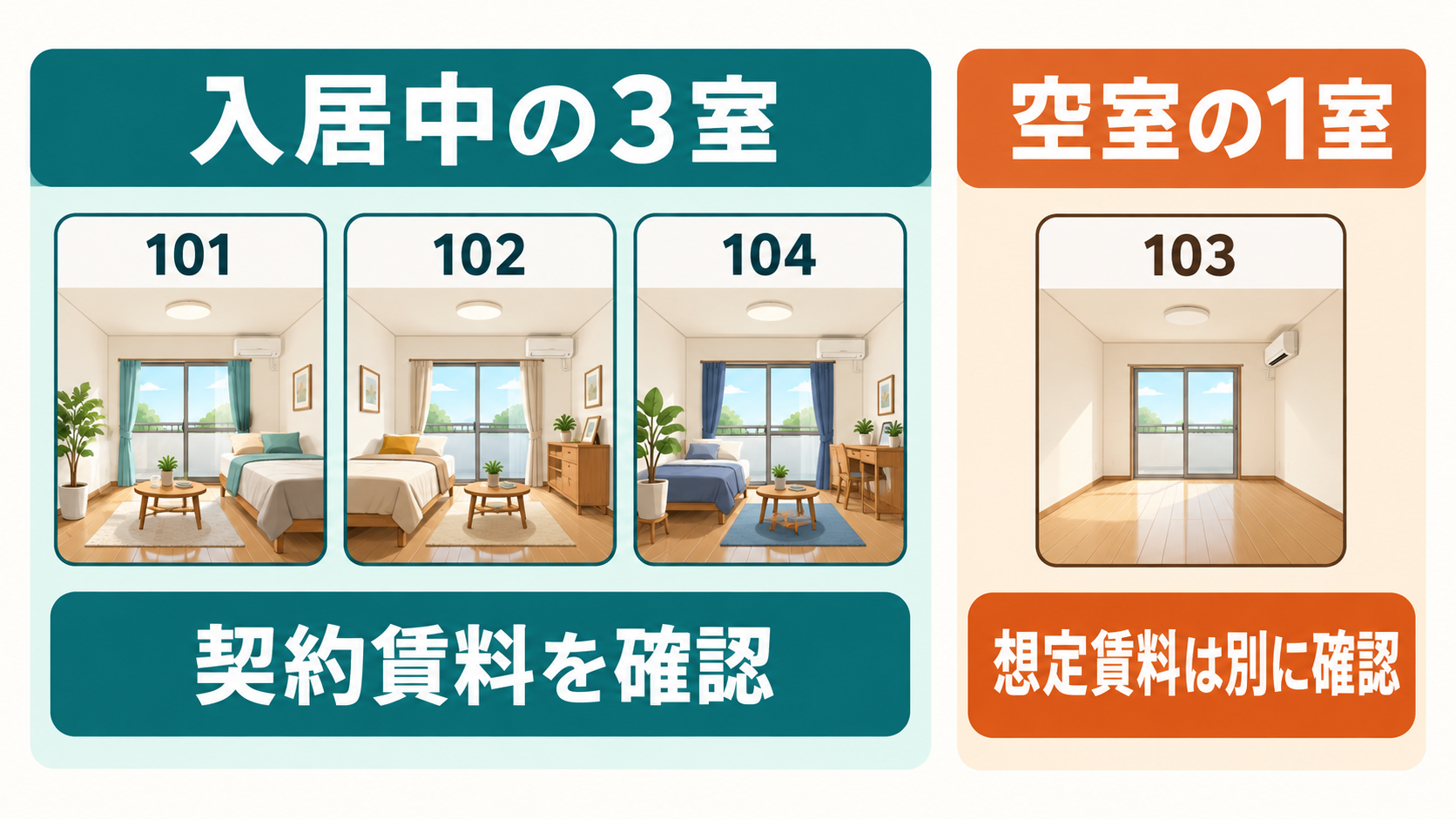 架空の4室のうち3室が入居中、1室が空室。入居中の契約賃料と空室の想定賃料を分ける図